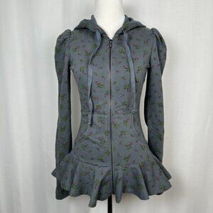 VTG Betsey Johnson Y2K Zip Hoodie Womens Size P Floral Long Puff Sleeve Ruffle